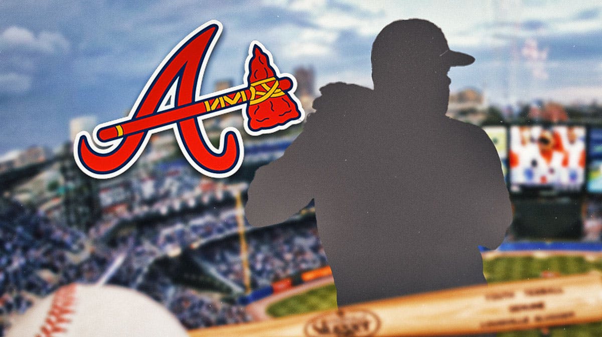 Braves logo with the silhouette of Reynaldo Lopez throwing in the foreground