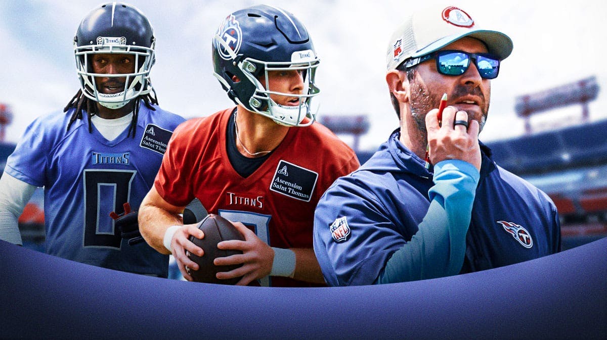 A picture of Brian Callahan in Titans coaching gear, Will Levis in a Titans jersey, and Calvin Ridley in a Titans jersey with a football field in the background.