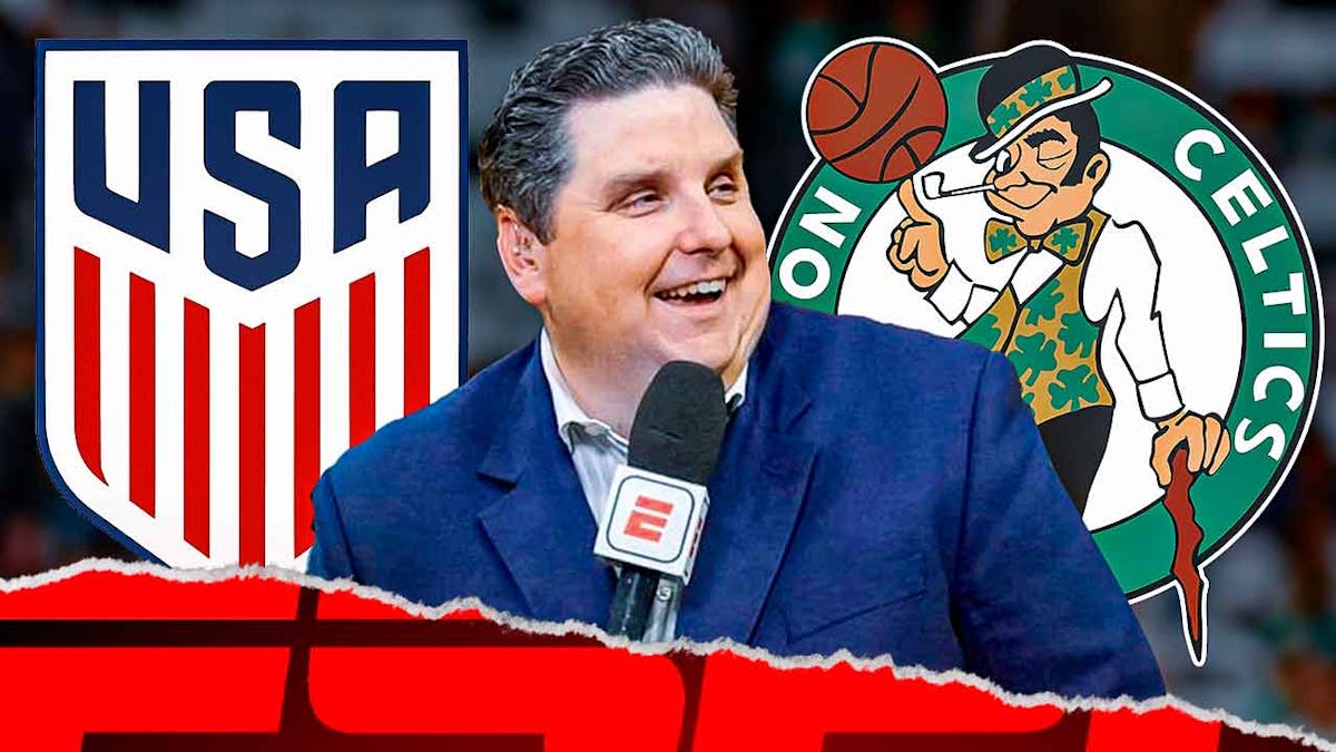 Brian Windhorst stands next to Celtics, Team USA Olympics logo, Jayson Tatum in background