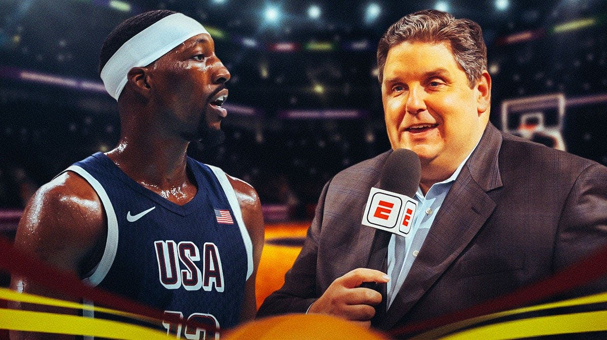 Miami Heat and Team USA star Bam Adebayo next to Brian Windhorst in front of the Paris 2024 Olympic Summer Games at Stade Pierre-Mauroy.