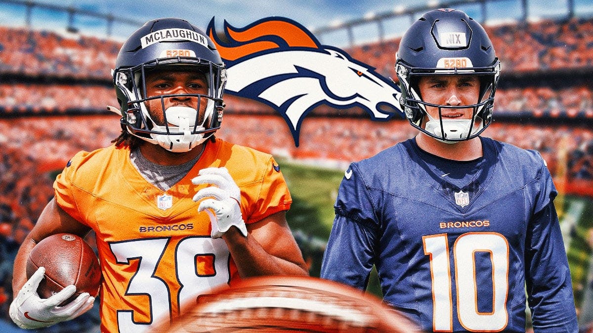 Denver Broncos logo in center, Denver Broncos RB Jaleel McLaughlin on left side, Denver Broncos QB Bo Nix on right side, Empower Field at Mile High Stadium (home stadium of the Denver Broncos) in background