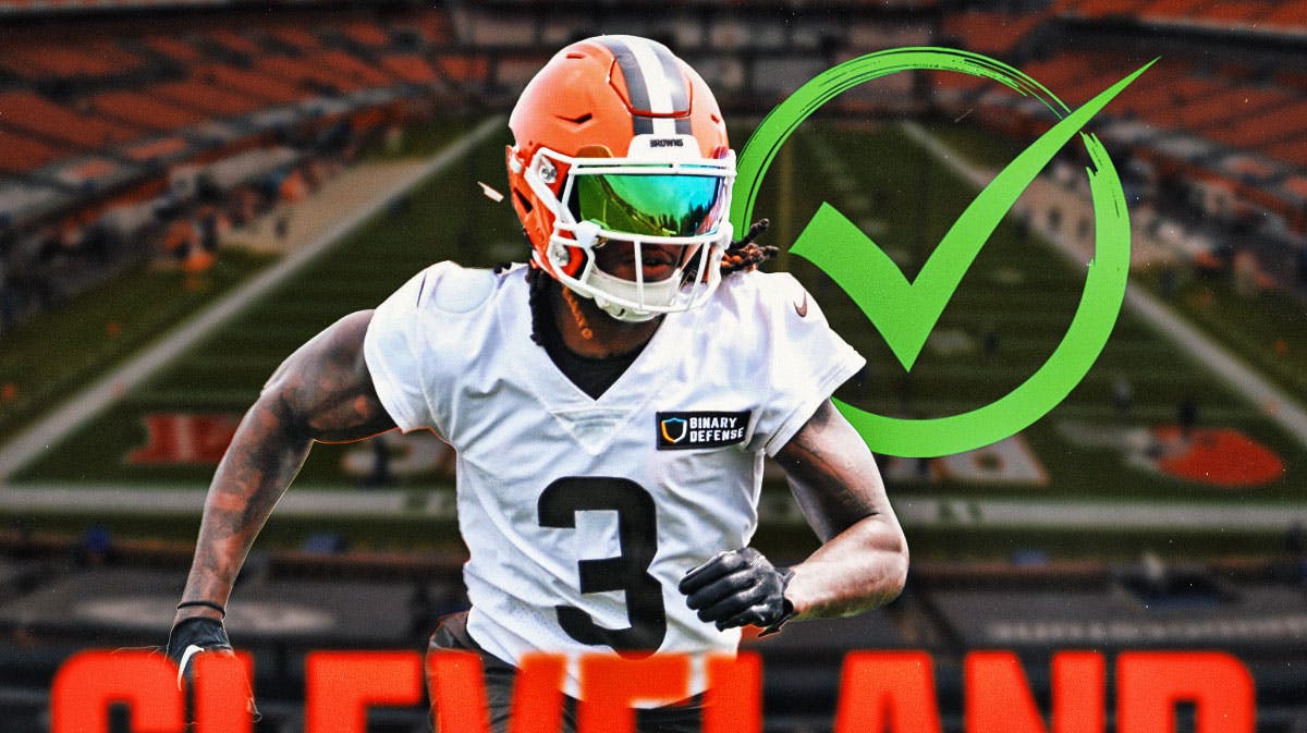 Jerry Jeudy in a Browns jersey with a green check emoji next to him and a football field in the background.