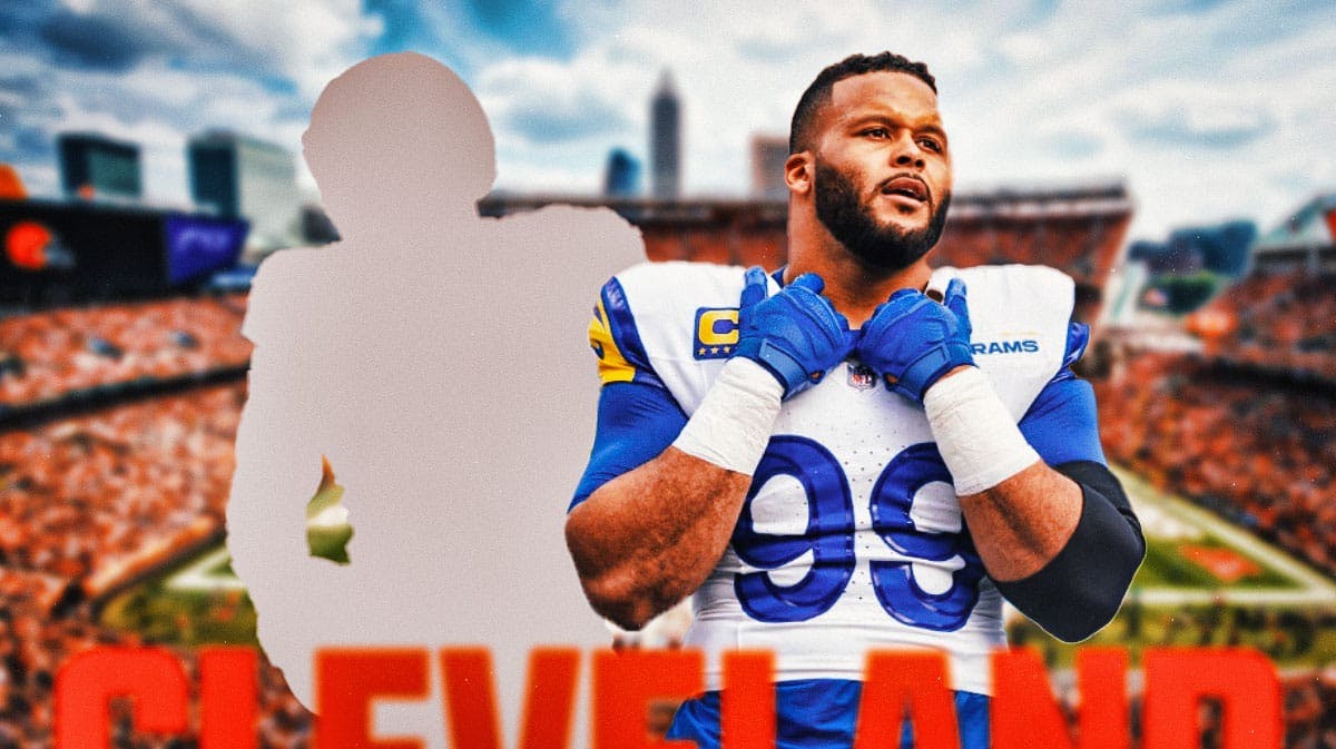 A silhouetted Cleveland Browns player surrounded by question marks next to Aaron Donald featuring a Browns-themed background.