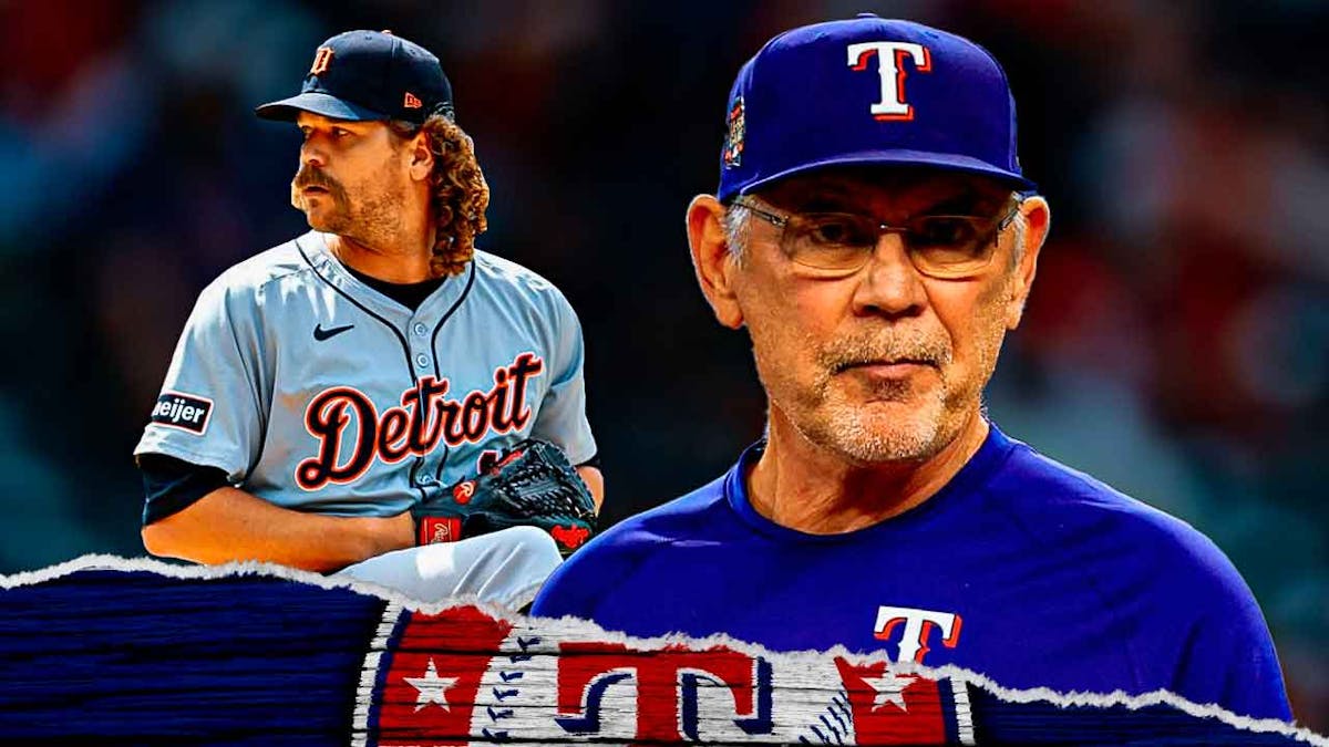 Bruce Bochy and Andrew Chafin with TX Rangers logo in background