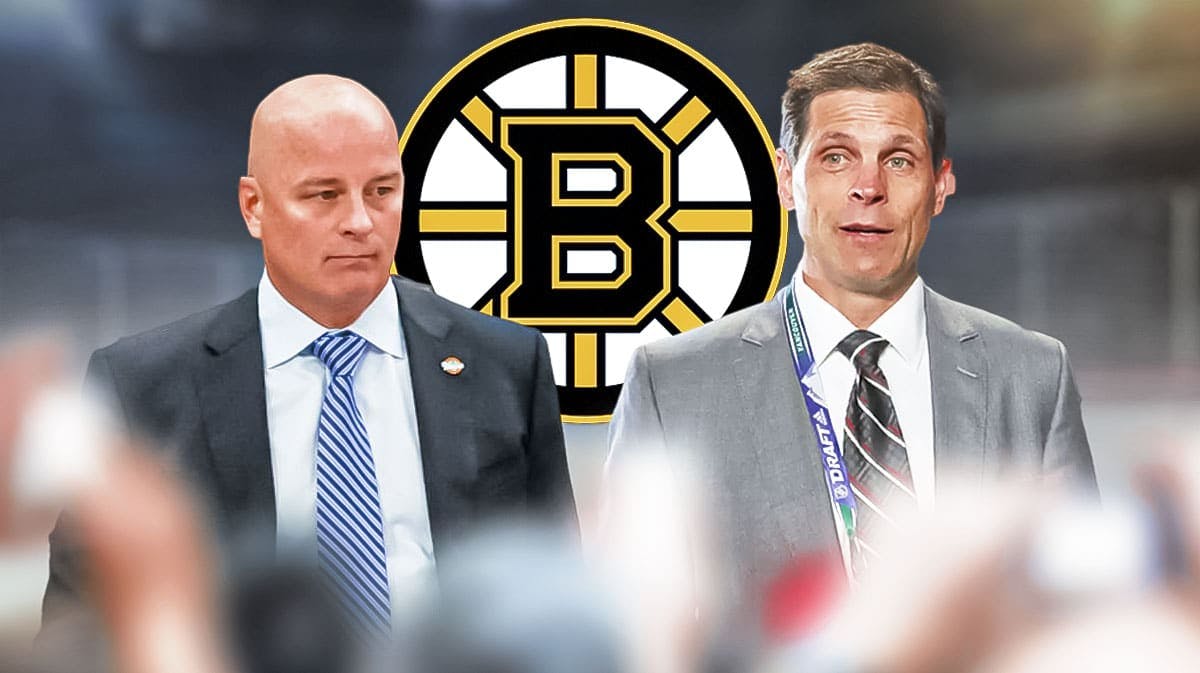 don sweeney and jim montgomery in front of a bruins logo and ice rink