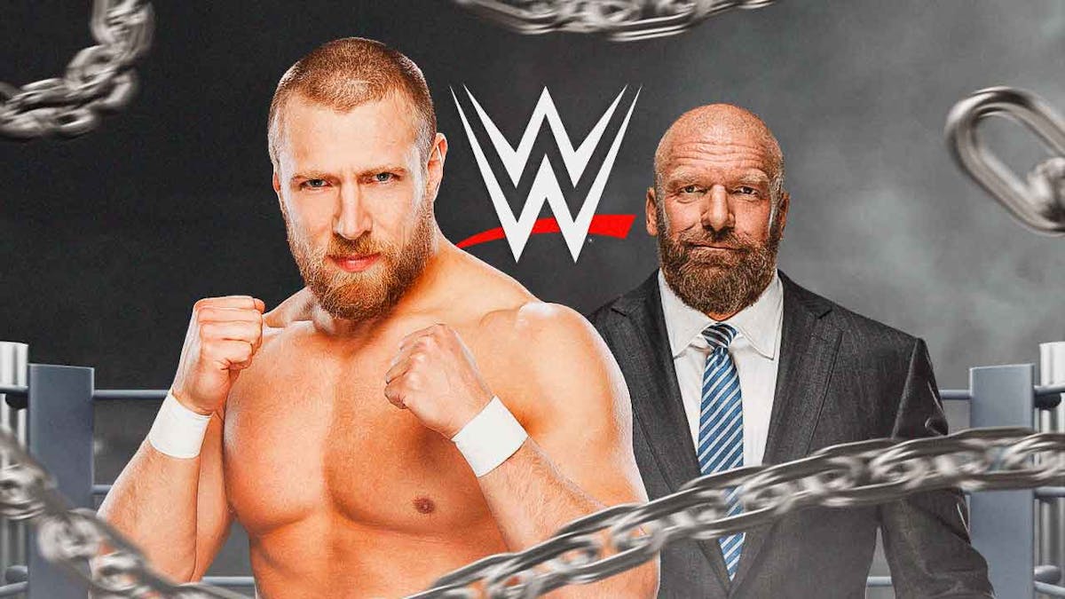 Bryan Danielson next to Triple H with the WWE logo as the background.