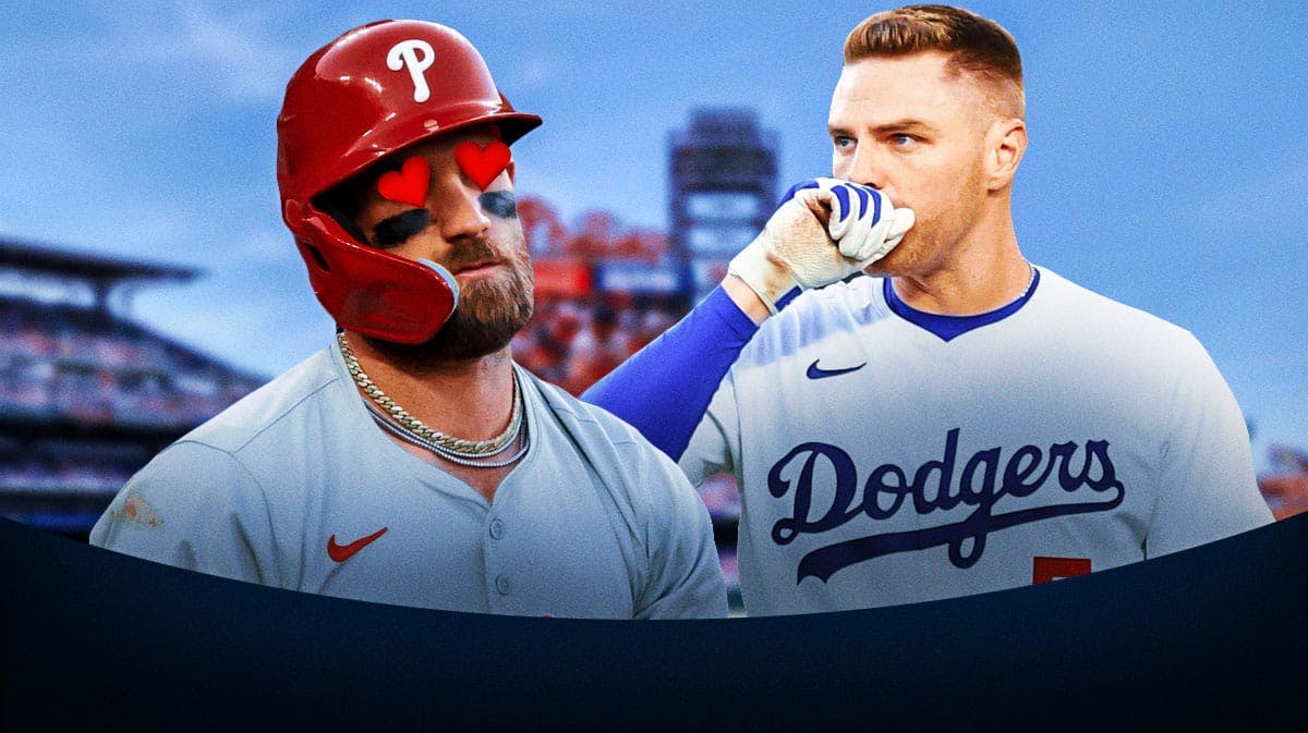 Phillies' Bryce Harper with hearts in his eyes looking at Dodgers' Freddie Freeman