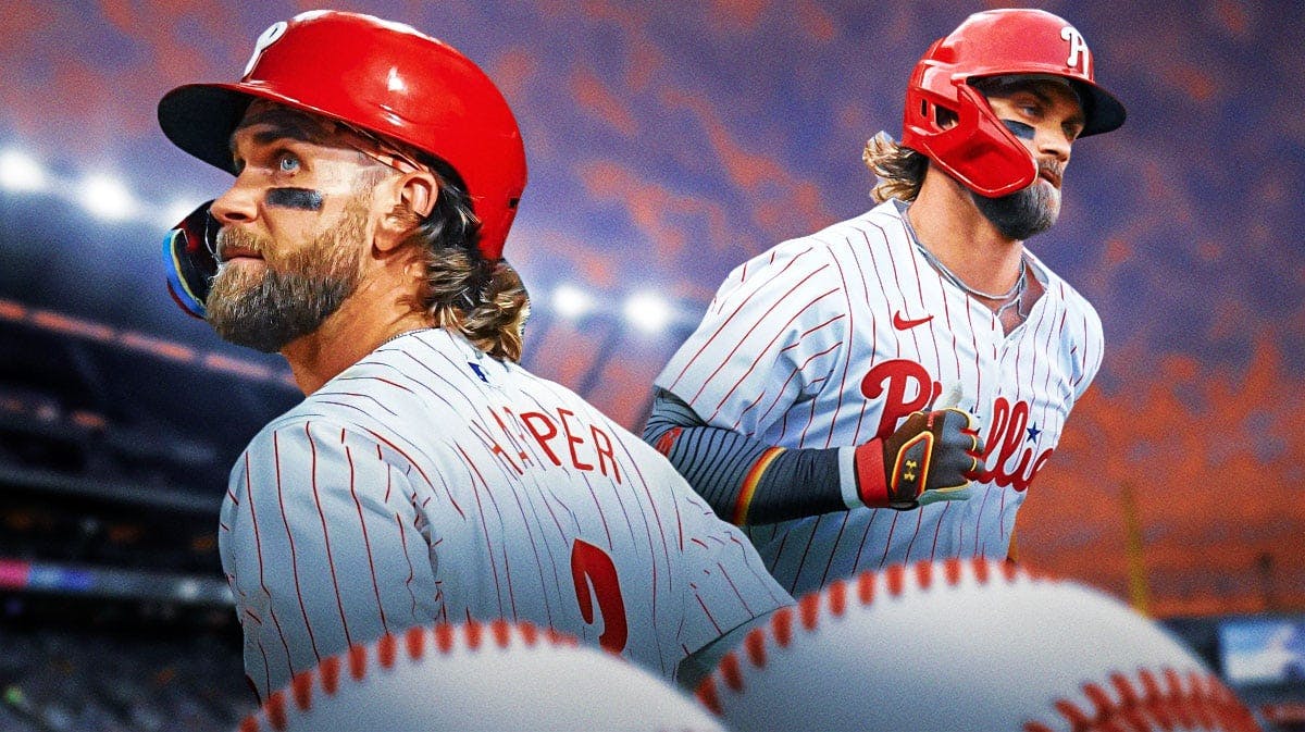 Philadelphia Phillies star Bryce Harper in front of Citizens Bank Park.