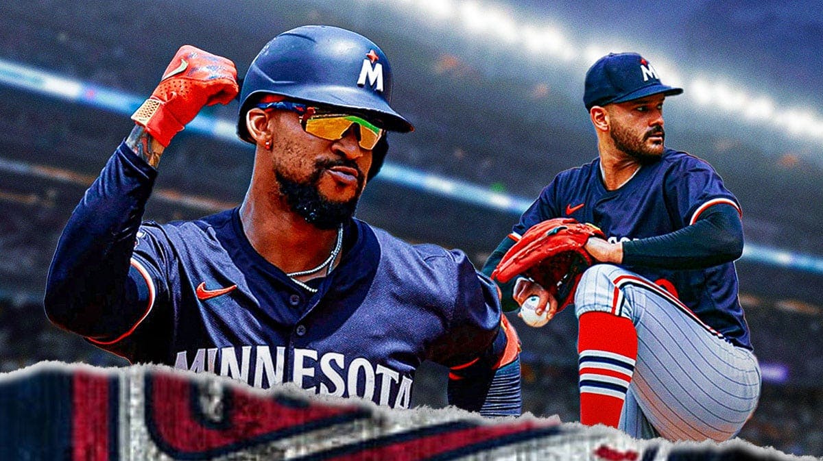 Minnesota Twins stars Byron Buxton and Pablo Lopez in front of Target Field.