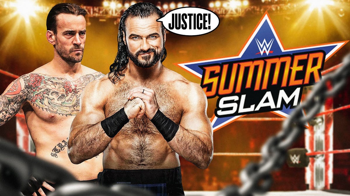 Drew McIntyre with a text bubble reading "Justice!" next to a tired-looking CM Punk in front of the SummerSlam logo.
