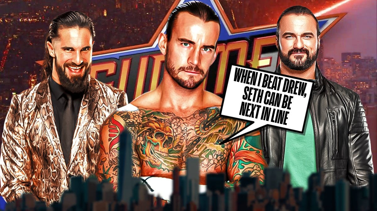 CM Punk with a text bubble reading "When I beat Drew, Seth can be next in line" with Seth Rollins on his left, Drew McIntyre on his right and the SummerSlam logo as the background.