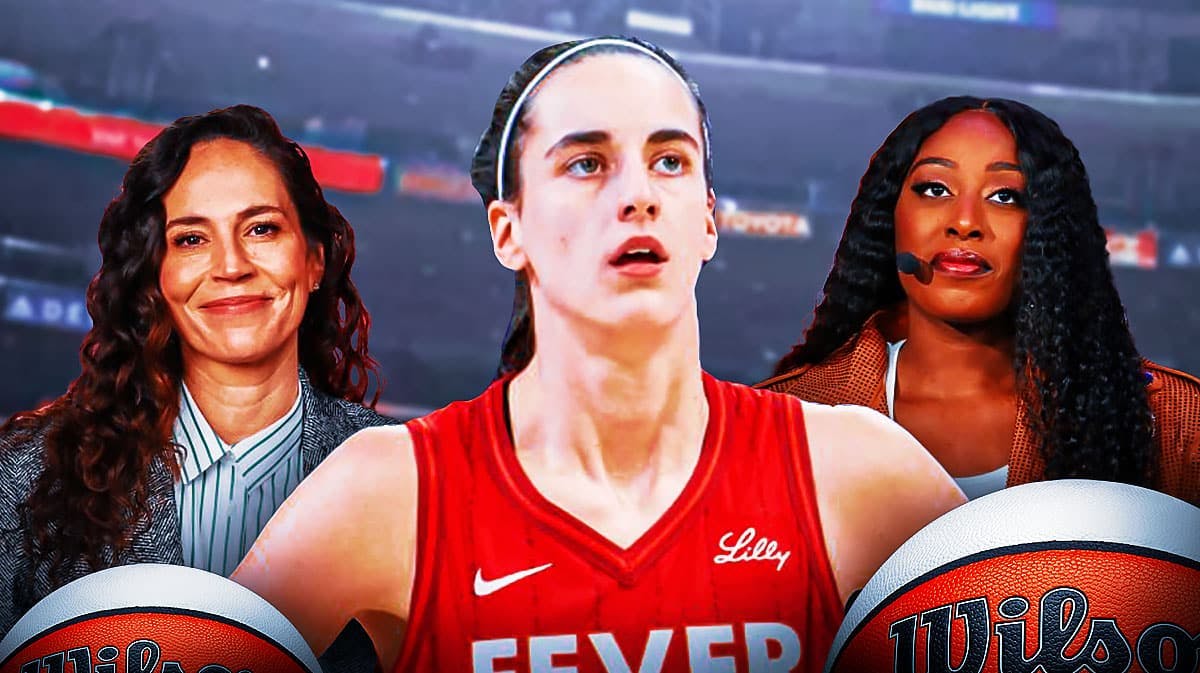 Indiana Fever player Caitlin Clark between former WNBA players Sue Bird and Chiney Ogwumike