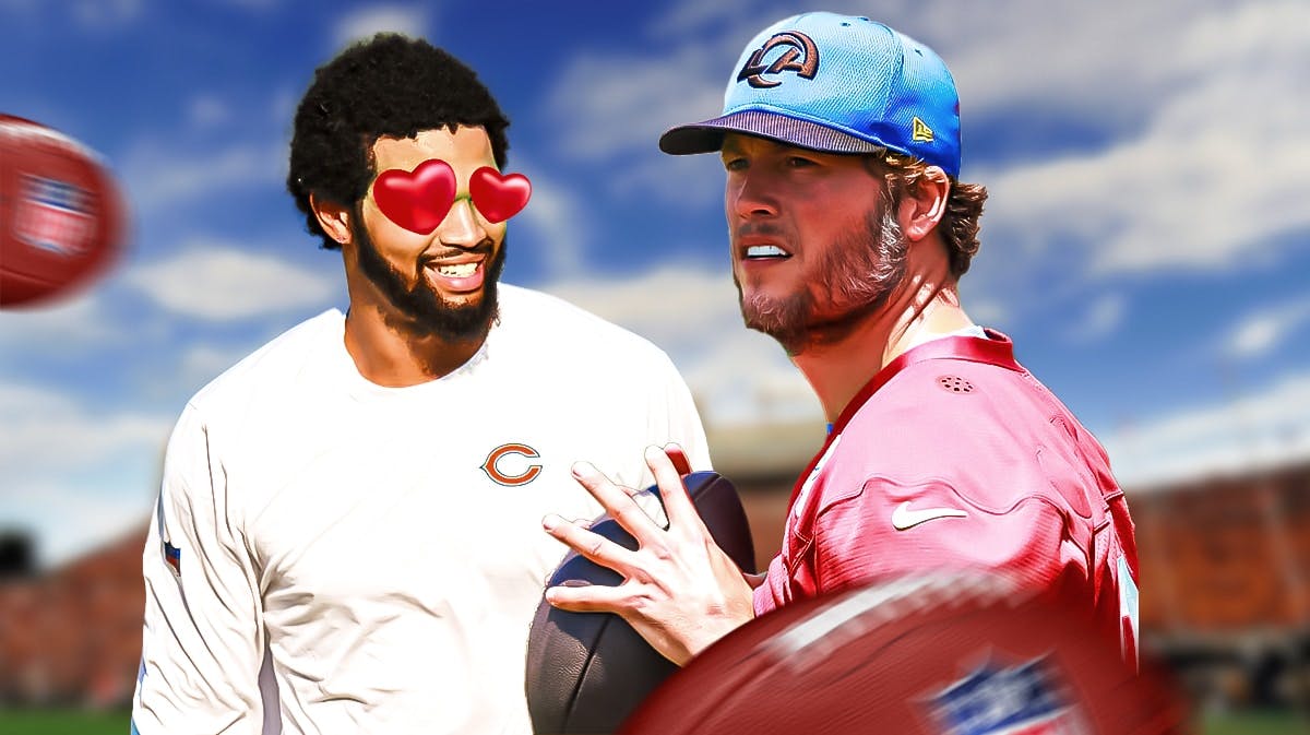 Bears QB Caleb Williams with heart eyes looking at Rams QB Matthew Stafford.