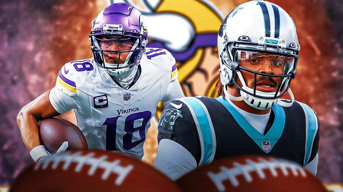 Cam Newton and Justin Jefferson with money raining around them featuring a Vikings-colored background.