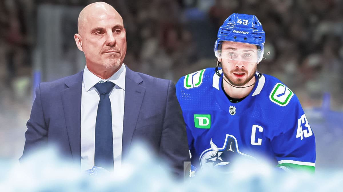 Quinn Hughes and Rick Tocchet in front of Rogers Arena in Vancouver