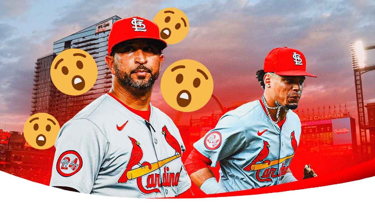 Oliver Marmol looking surprised, with astonished emojis all over him, with Cardinals' Masyn Winn smiling on the side