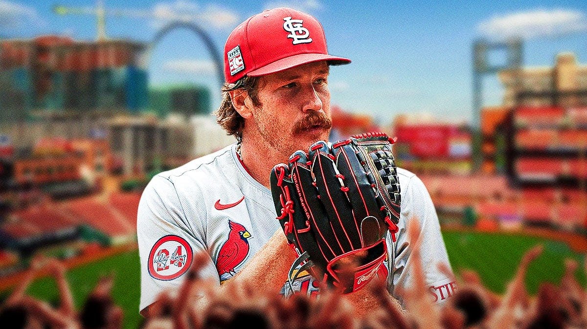 Cardinals pitcher Miles Mikolas in front of Busch Stadium