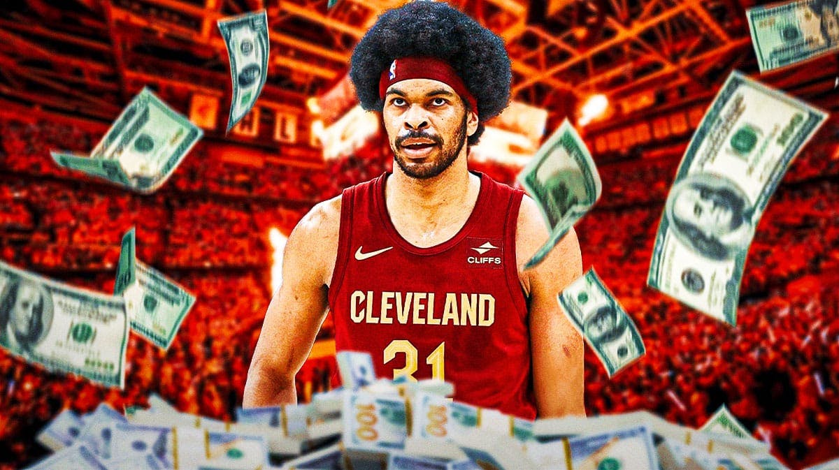 Jarrett Allen surrounded by question marks and money raining down around him with a Cavs-colored background.