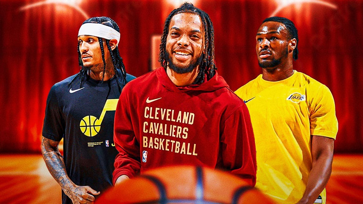 Darius Garland, Bronny James and Jordan Clarkson working out with a Cavs-colored background.
