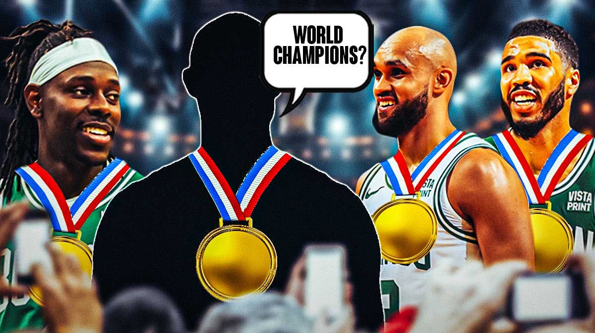 A picture of a mystery NBA player with a gold medal around his neck and a text bubble above him that says "World Champions?", Jayson Tatum with a Celtics jersey and a gold medal around his neck, Jrue Holiday with a Celtics jersey and a gold medal around his neck, and Derrick White with a Celtics jersey and a gold medal around his neck.