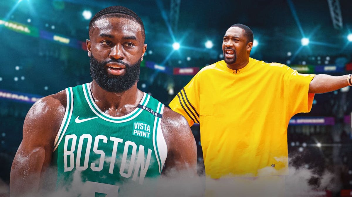 Gilbert Arenas looking outraged with Jaylen Brown looking confused or sad