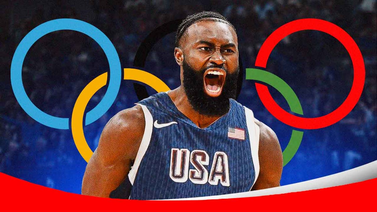 Jaylen Brown in a Team USA basketball jersey with the Olympics logo in the background, Celtics