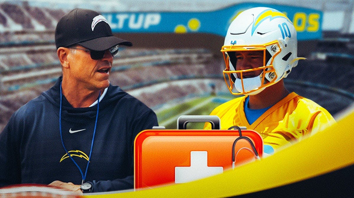 Los Angeles Chargers star Justin Herbert with a medical kit next to head coach Jim Harbaugh in front of SoFi Stadium.