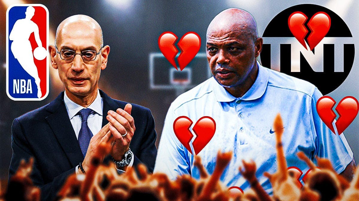 Charles Barkley with heartbreak emojis all over, with NBA on TNT logo and Adam Silver beside him