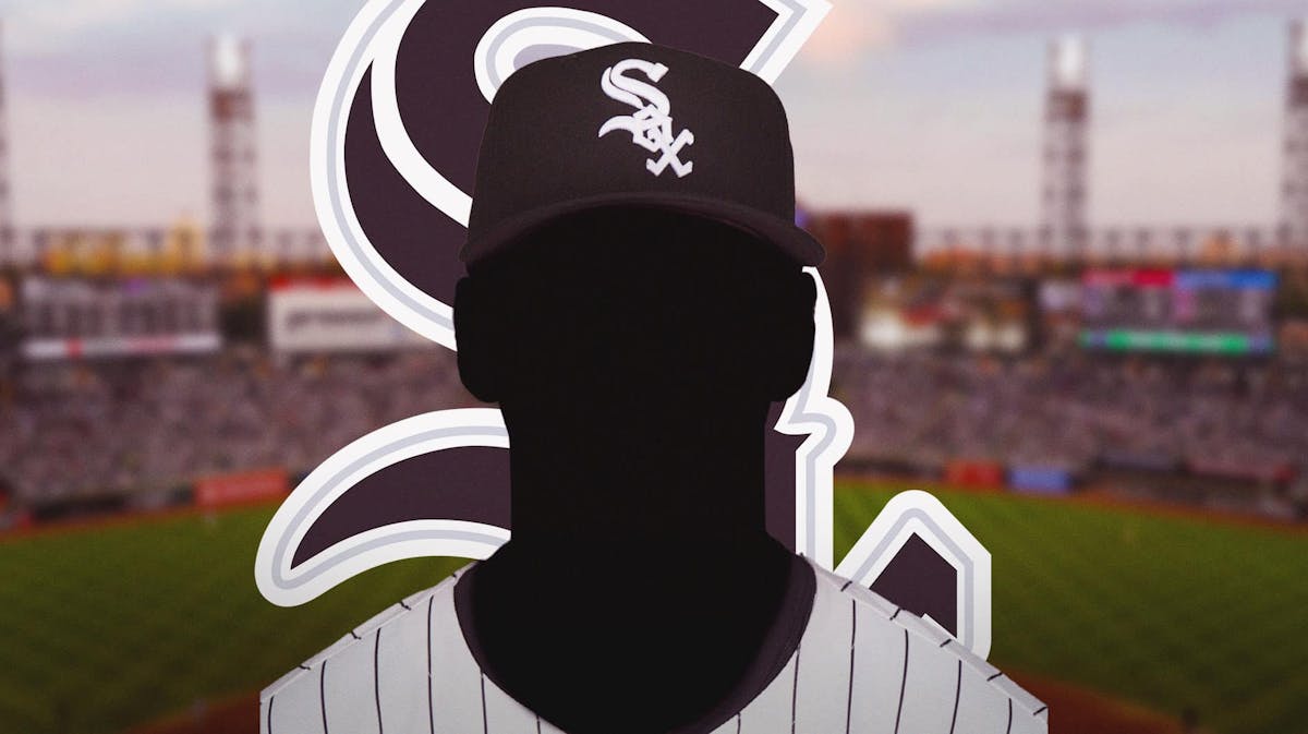 Ky Bush but the head is a silhouette of him. show him wearing White Sox uniform. White Sox logo in the background.