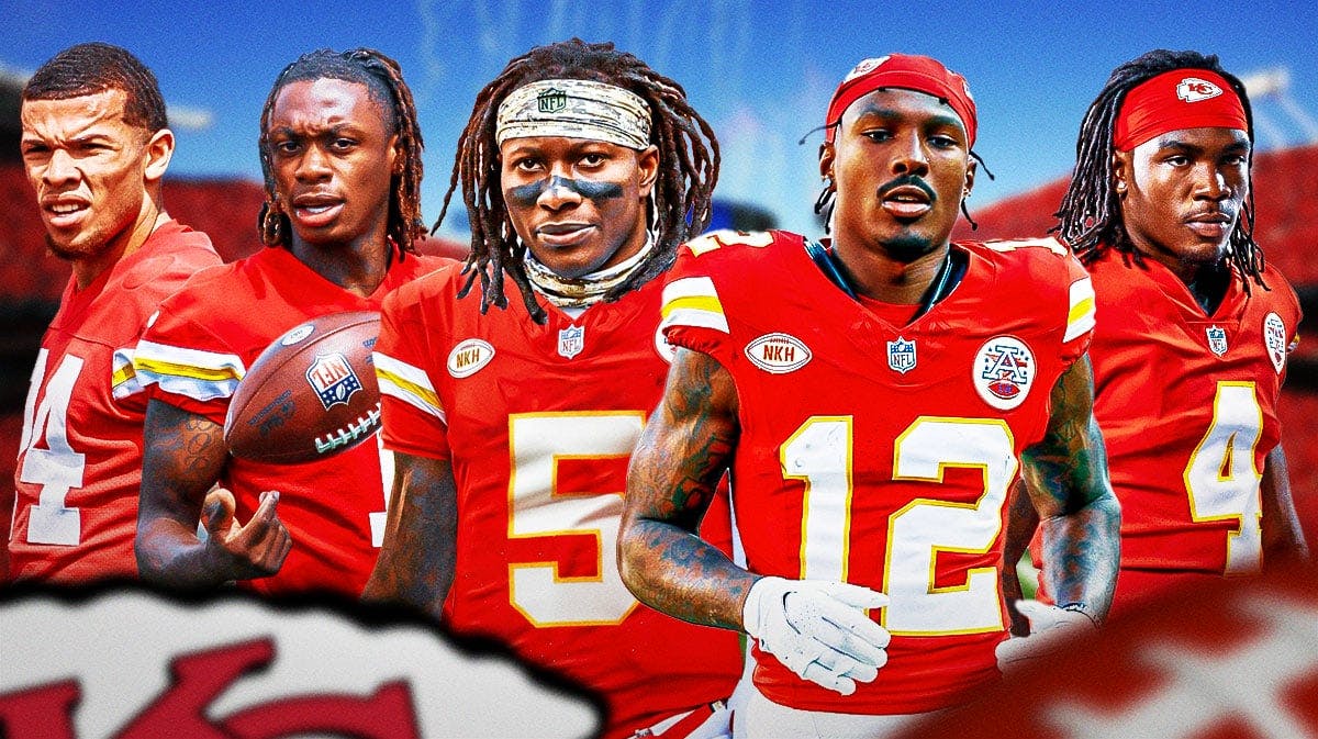 Mecole Hardman Jr. in a Chiefs jersey, Marquise Brown in a Chiefs jersey, Rashee Rice in a Cheifs jersey, Xavier Worthy in a Chiefs jersey, and Skyy Moore in a Chiefs jersey, with a football field in the background.