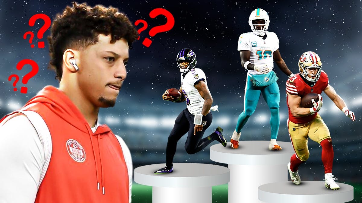 Chiefs' Patrick Mahomes looking at a podium with Dolphins' Tyreek Hill at first place, Ravens' Lamar Jackson at second, and 49ers' Christian McCaffrey at third, with question marks all over Mahomes