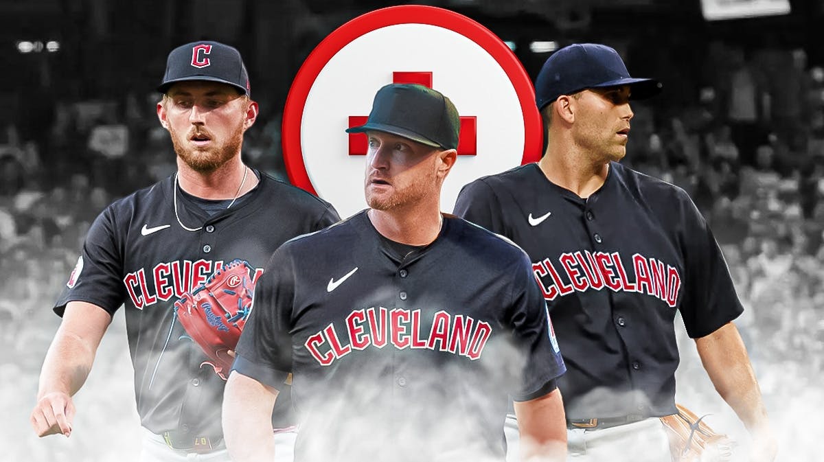 Tanner Bibee, Alex Cobb and Matthew Boyd all pitching in Cleveland Guardians uniforms with a red and white first aid symbol in the image as all the pitchers are dealing with injuries and got an injury update from the Guardians.