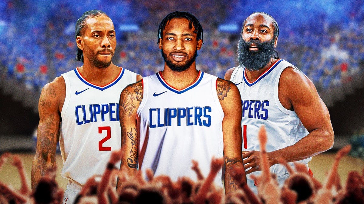 Derrick Jones Jr. in a Clippers jersey smiling next to Kawhi Leonard and James Harden