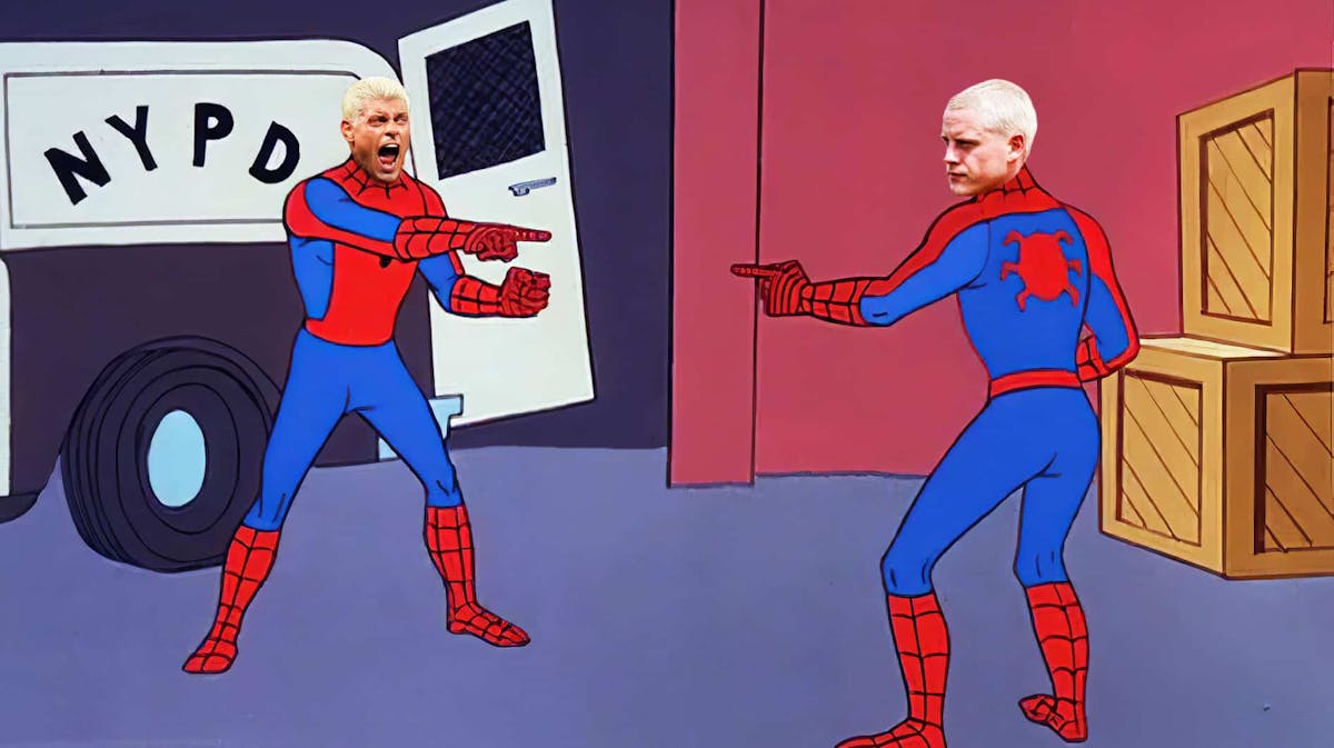 The Spiderman pointing meme but with Cody Rhodes' head on one Spiderman and blonde Joe Burrow's head on the other Spiderman.