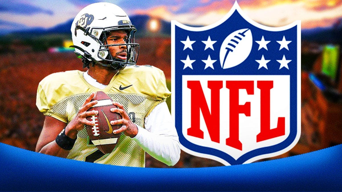 Colorado football star Shedeur Sanders next to the NFL logo in front of Folsom Field.