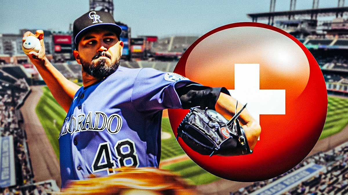 German Marquez in a Colorado Rockies uniform with a red and white first aid image as Marquez is being shut down for the season by the Rockies with an injury.