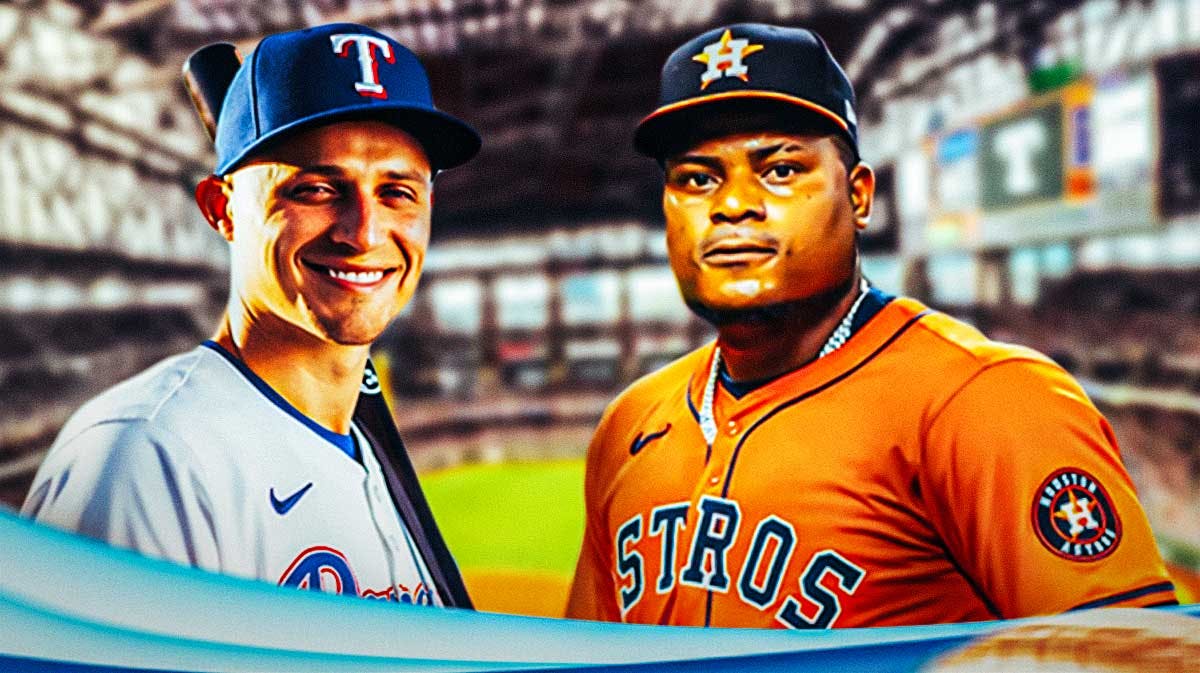 Rangers' Corey Seager laughing, with Astros' Framber Valdez looking pissed