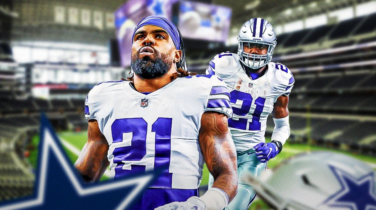 Ezekiel Elliot in a Cowboys jersey with a football field in the background.