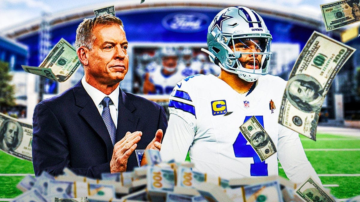A picture of Dak Prescott in a Cowboys jersey and Troy Aikman with money surrounding them with a football field in the background.