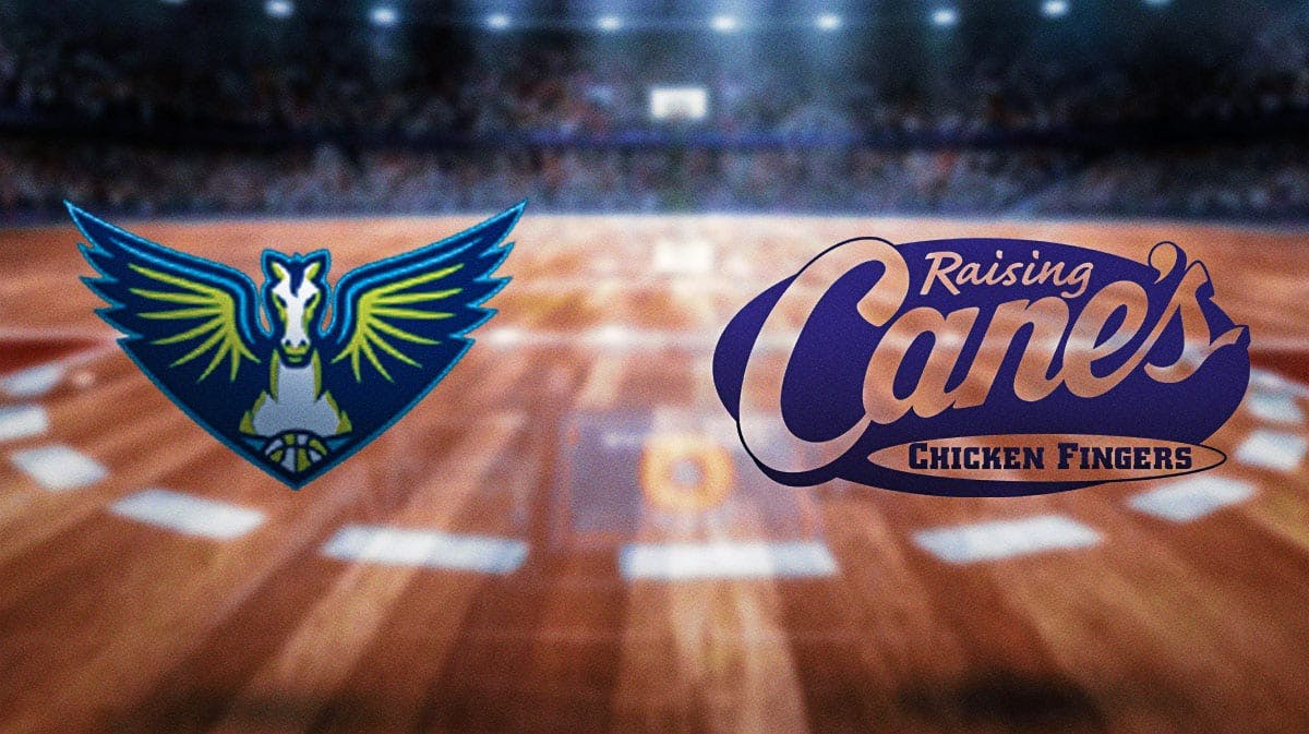 Dallas Wings 2024 logo on left. Raising Cane's 2024 logo on right.