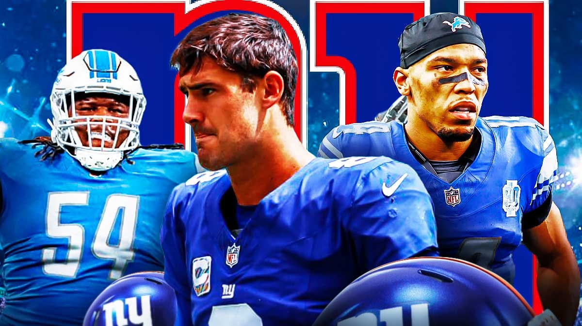 New York Giants QB Daniel Jones with Detroit Lions defensive tackle Alim McNeill and WR Amon-Ra St. Brown. There is also a logo for the New York Giants.
