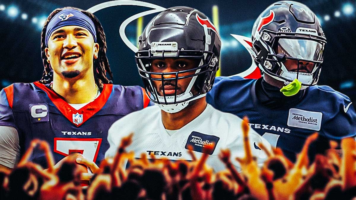 Houston Texans players C.J. Stroud, Danielle Hunter and Stefon Diggs. There is also a logo for the Houston Texans.