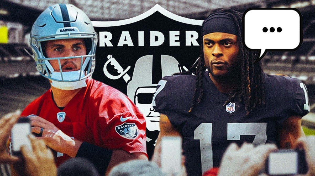 Las Vegas Raiders QBs Aidan O’Connell and Gardner Minshew next to wide receiver Davante Adams with a speech bubble that has the three dots emoji inside. There is also a logo for the Las Vegas Raiders.