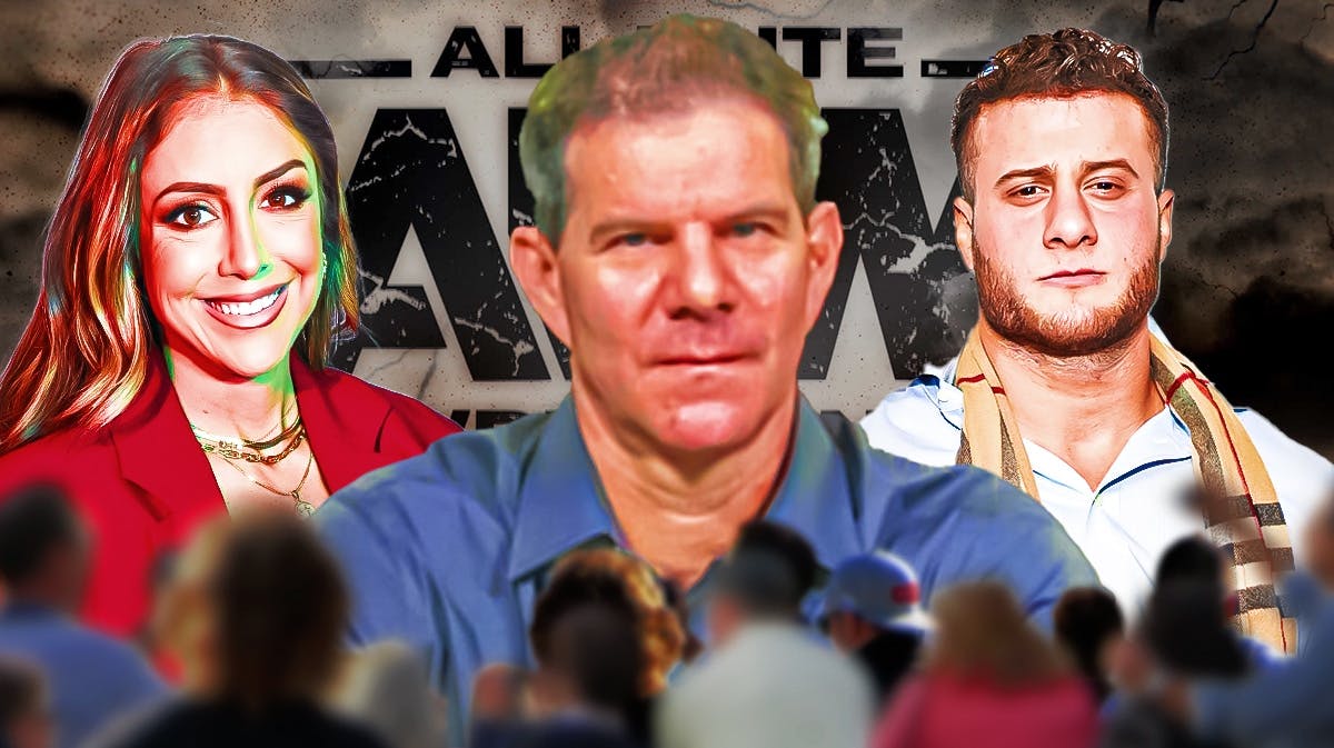 Britt Baker on the left, MJF on the right, and Dave Meltzer in the middle with the AEW logo as the background.