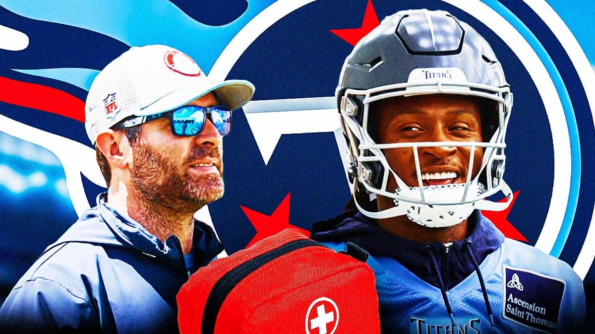 Tennessee Titans head coach Brian Callahan with wide receiver DeAndre Hopkins. There is an injury symbol next to Hopkins. There is also a logo for the Tennessee Titans