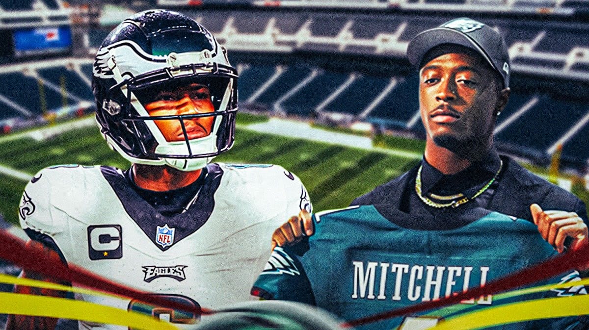 Devonta Smith in an Eagles jersey and Quinyon Mitchell in an Eagles with a football field in the background.