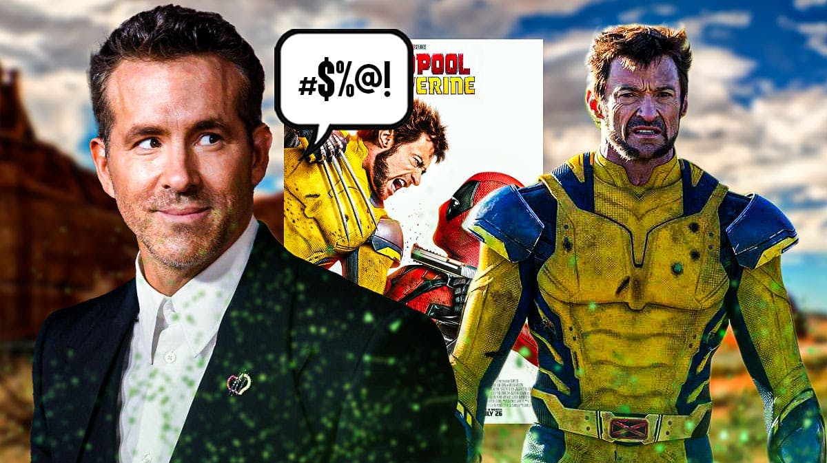 Ryan Reynolds with speech bubble with grawlix and Hugh Jackman with Marvel Cinematic Universe (MCU) movie Deadpool and Wolverine poster.