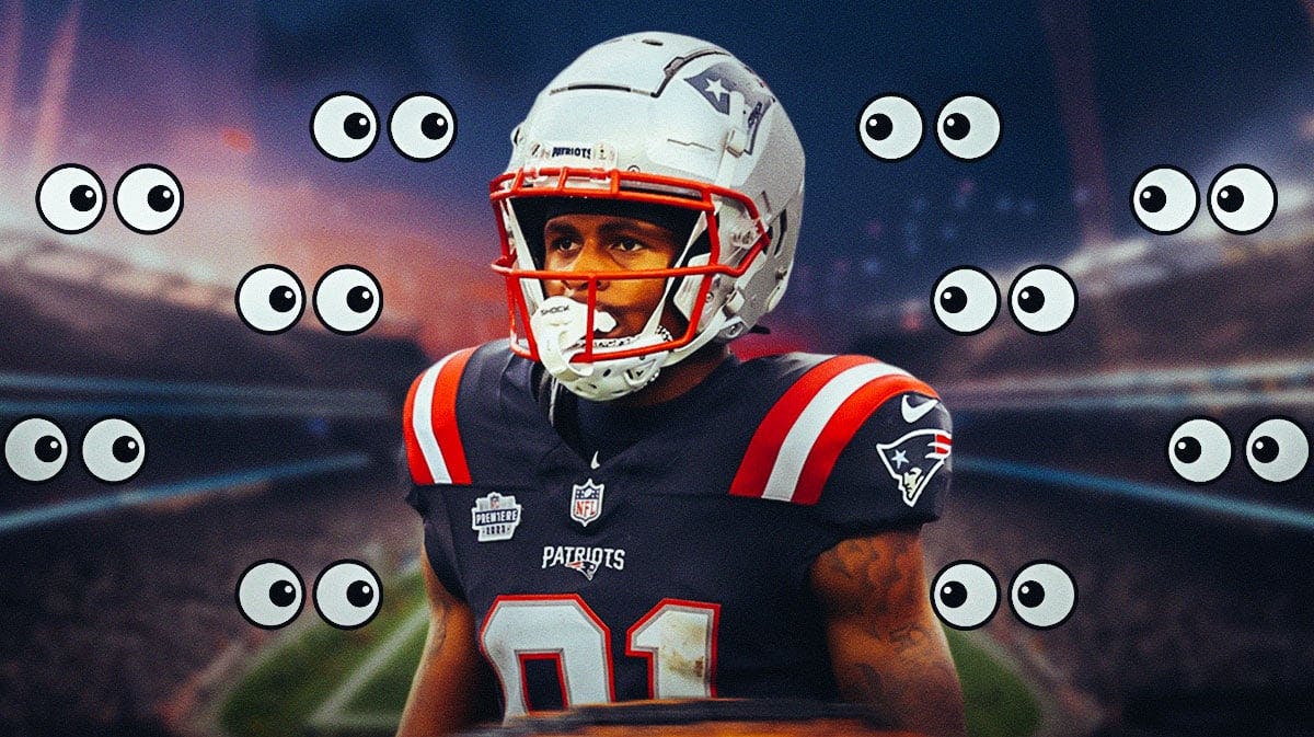 Demario Douglas on one side, a bunch of New England Patriots fans on the other side with the big eyes emoji over their faces
