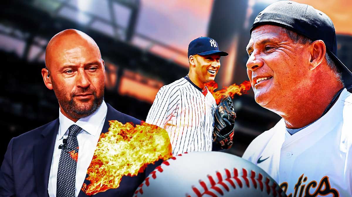 Jose Canseco breathing fire at Derek Jeter, both 2024 images. However, also place an image in background of Derek Jeter in a Yankees uniform from when he played with the team.