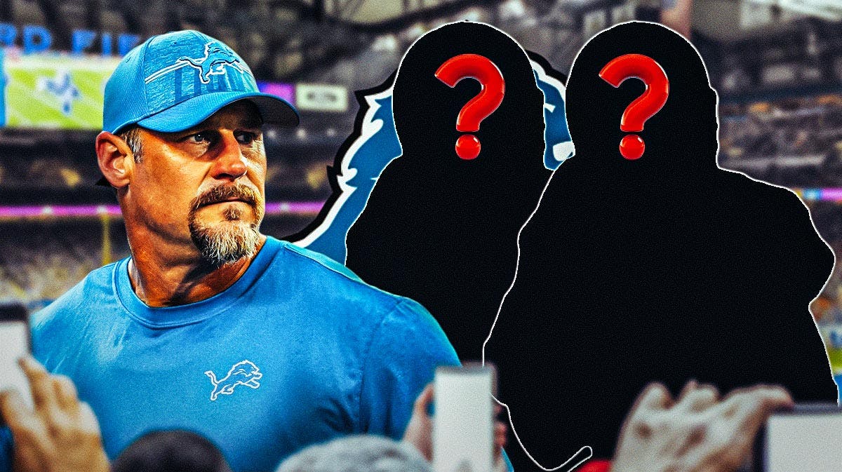 Detroit Lions head coach Dan Campbell with a silhouette of an American football player with a question mark emoji inside and an injury symbol next to it. There is also a logo for the Detroit Lions.